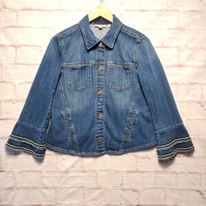 Chicos Jean Jacket Womens Medium Blue Bell‎ Sleeve Fringe Cuff Boho Chic Western